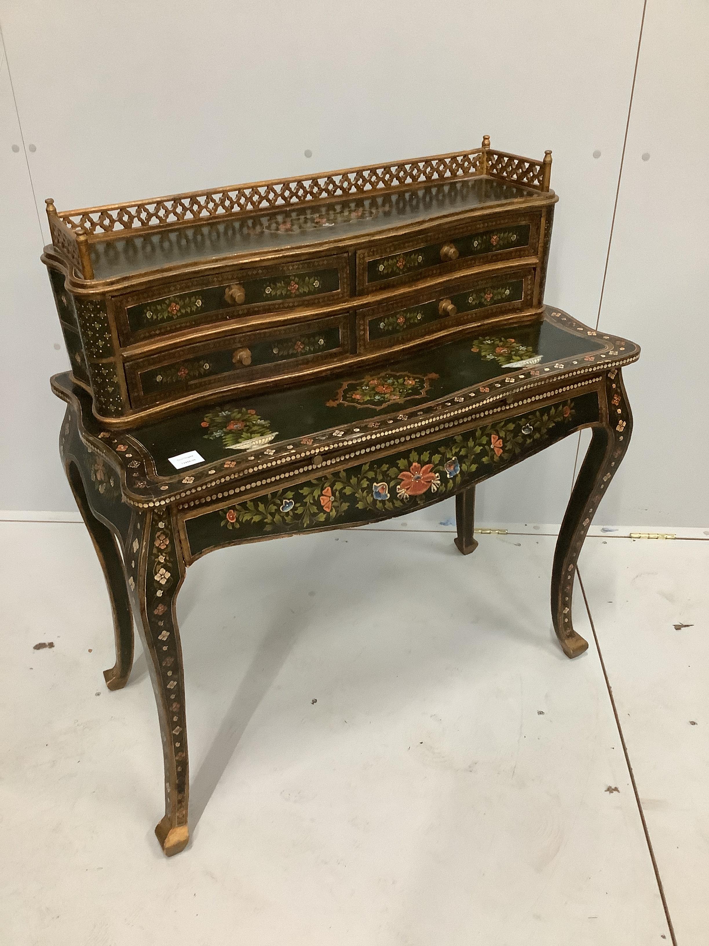 An Indian painted writing desk, width 90cm, depth 44cm, height 96cm